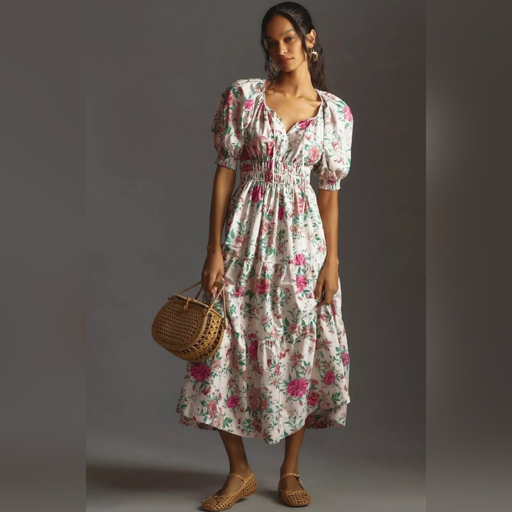 NWT ANTHROPOLOGIE | The Somerset Maxi Dress: Puff-Sleeve Edition, Neutral Motif